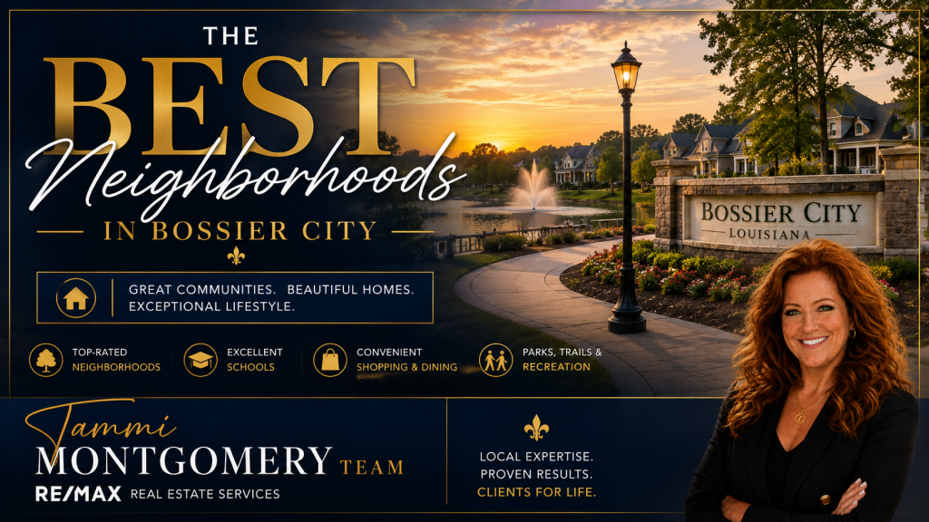 Illustration highlighting the best neighborhoods in Bossier City, Louisiana, featuring luxury homes, family-friendly communities, and local real estate expertise from Tammi Montgomery of RE/MAX Real Estate Services.