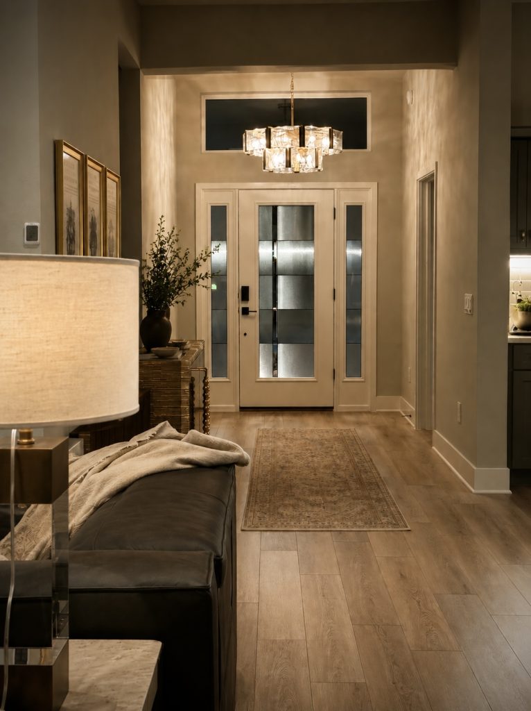 Designer home interior in The Villages, Florida with marble buffet and modern dining set